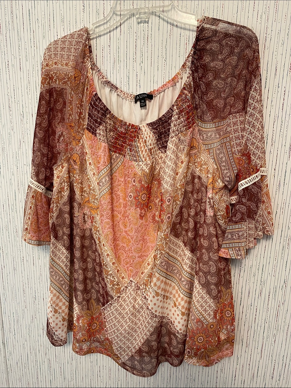 AUW Patchwork Peasant Tunic in Brown & Pink  Paisley Motifs Size 2X Blouse